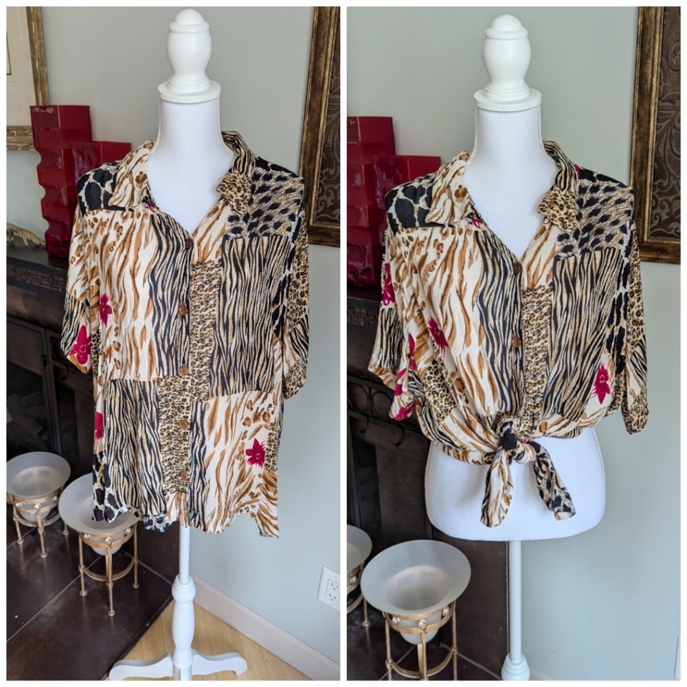 Vtg 90s/Y2K White Stag Women's 18W/20W Animal Print Mixed Colorblock Blouse 189